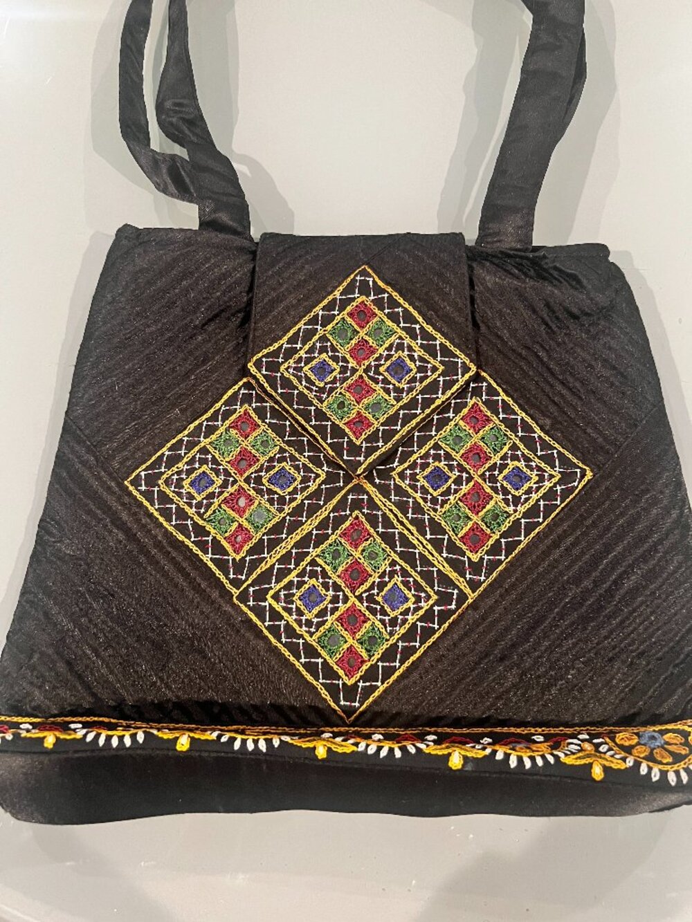 Black Silk Hand Embroidered Mirror Work Tote Bag Kutch Indian Boho Artisan Handm